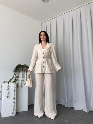 Tensel Kumaş Taş Rengi Ceket-Pantolon Takım