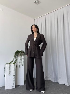 Tensel Kumaş Kahverengi Ceket-Pantolon Takım