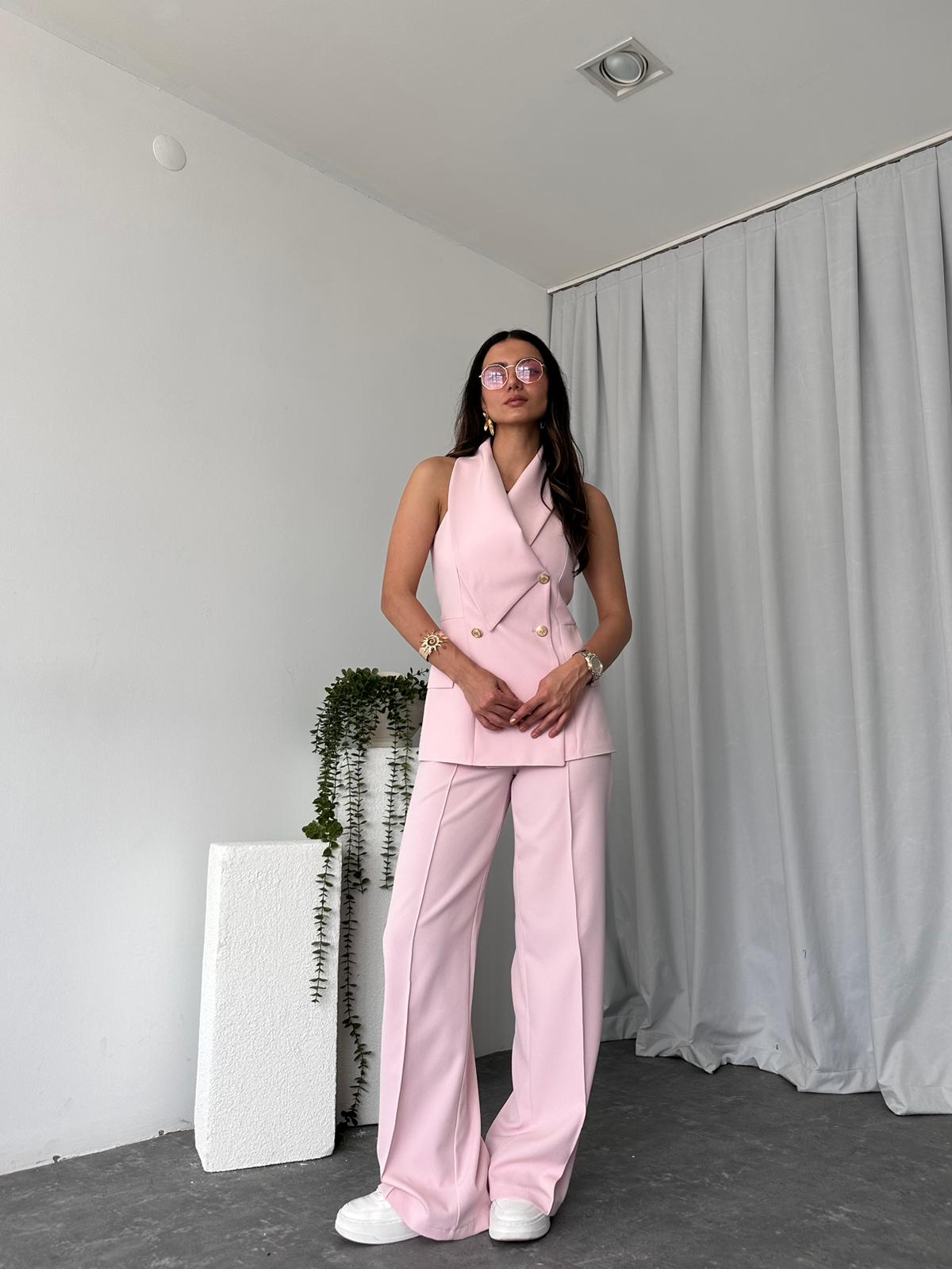 Kadın Kruvaze Yaka Pembe Yelek-Pantolon Takım - Görsel 3