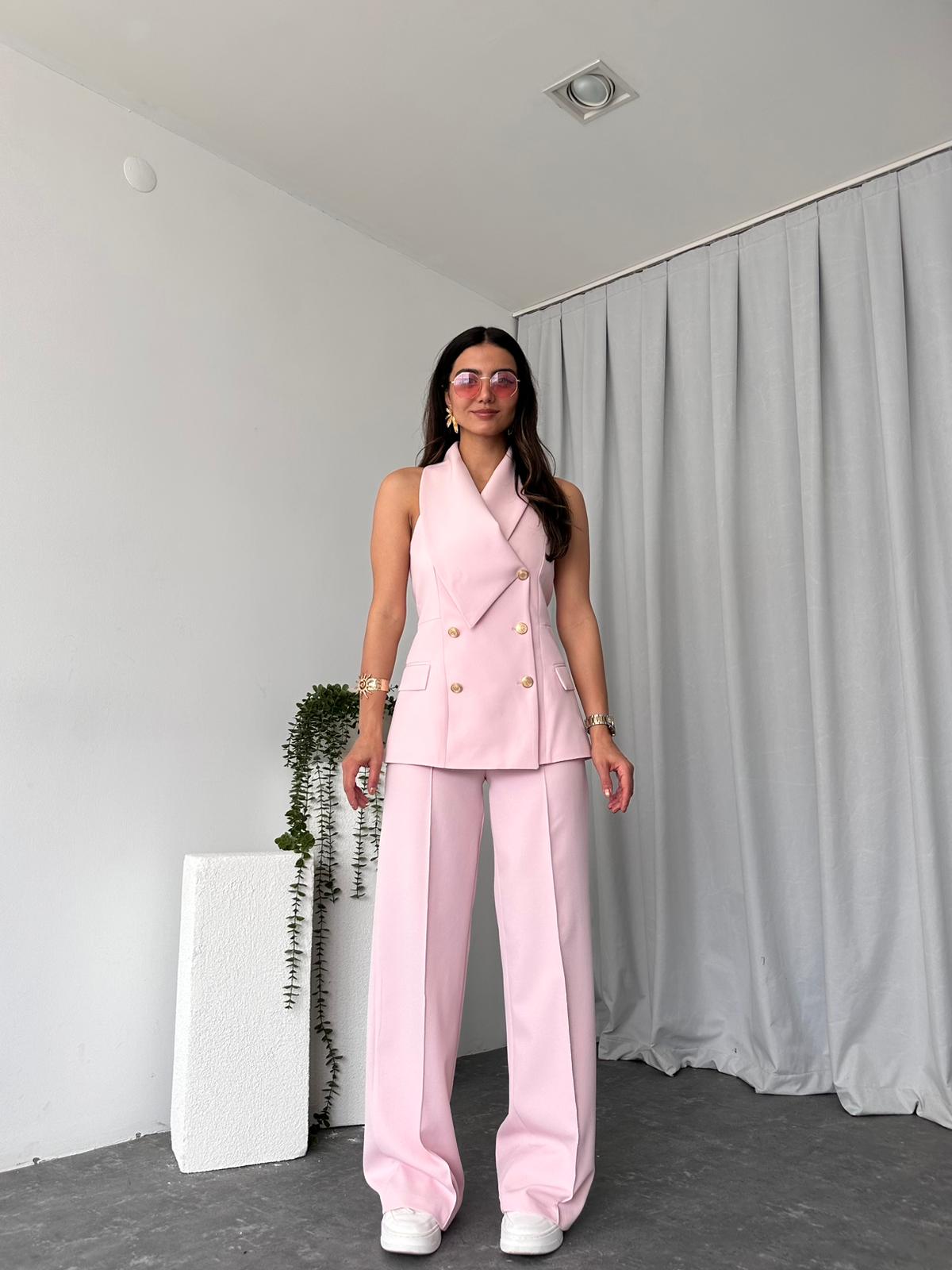 Kadın Kruvaze Yaka Pembe Yelek-Pantolon Takım - Görsel 2