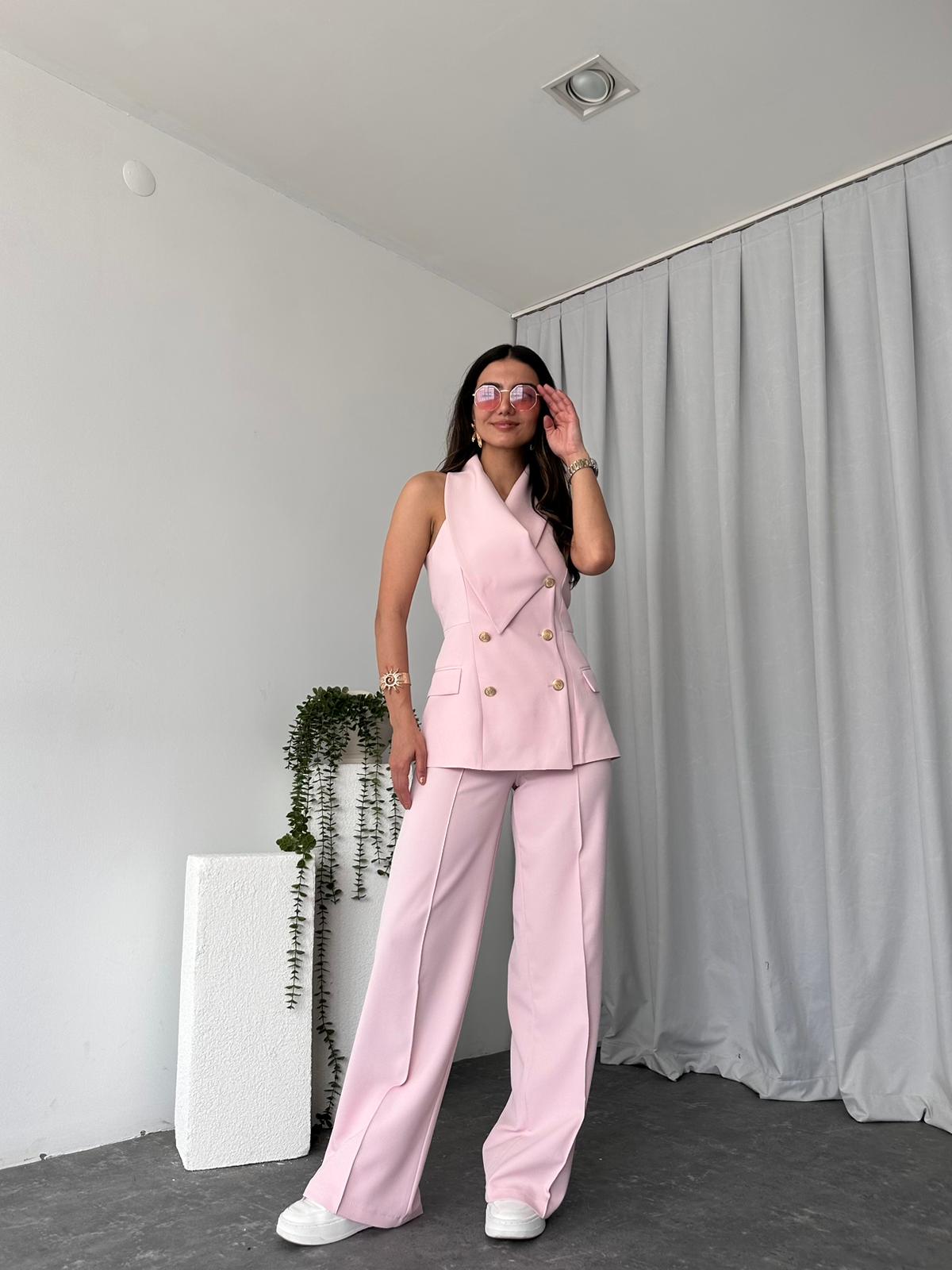 Kadın Kruvaze Yaka Pembe Yelek-Pantolon Takım - Görsel 7