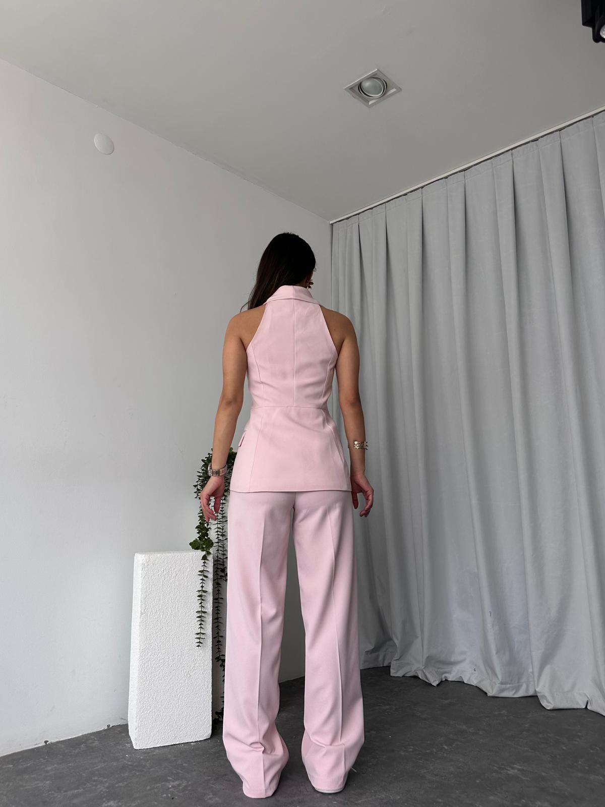 Kadın Kruvaze Yaka Pembe Yelek-Pantolon Takım - Görsel 8