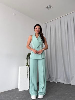 Kadın Kruvaze Yaka Mint Yeşili  Yelek-Pantolon Takım
