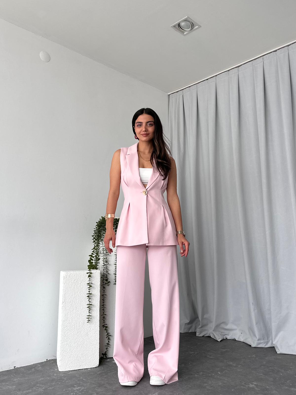 Kadın Gold Düğmeli Pembe Yelek-Pantolon Takım - Görsel 10