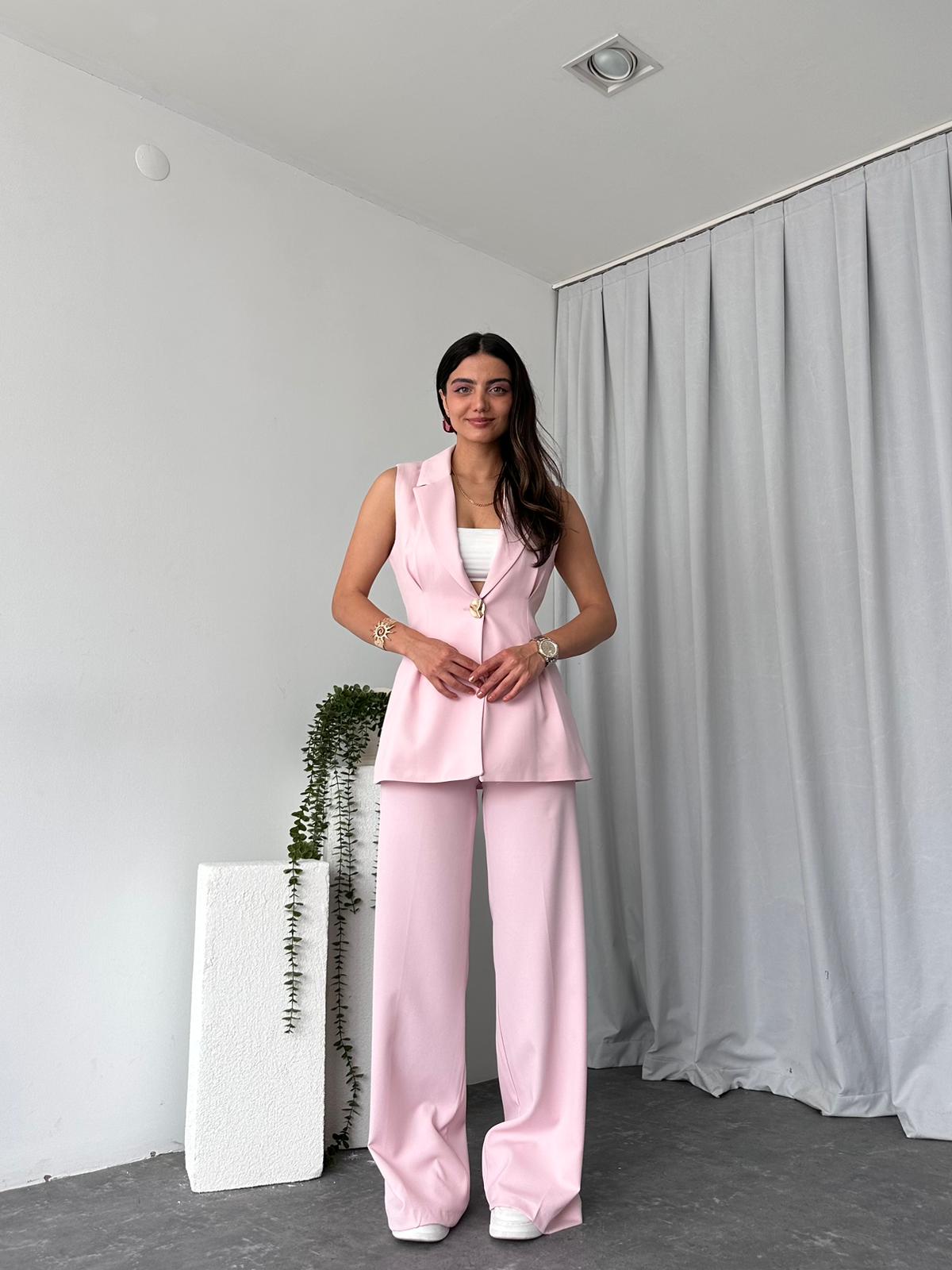Kadın Gold Düğmeli Pembe Yelek-Pantolon Takım - Görsel 11