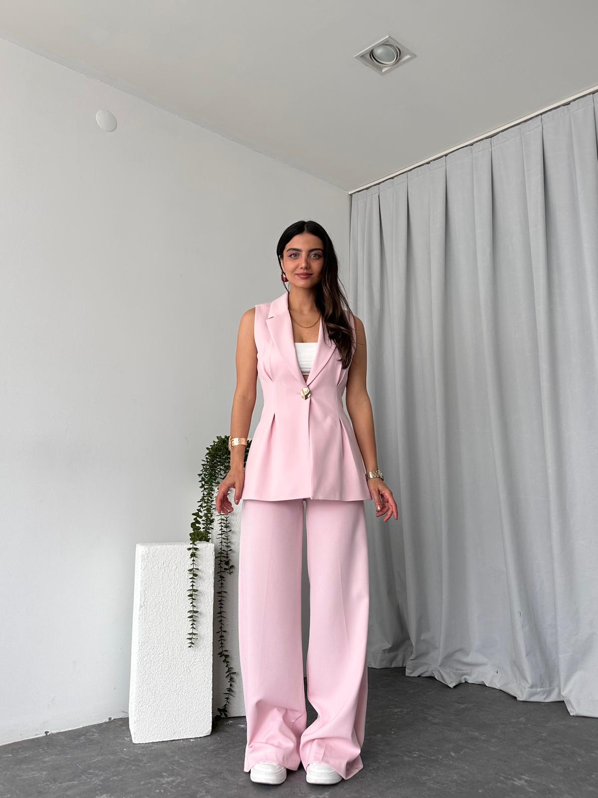 Kadın Gold Düğmeli Pembe Yelek-Pantolon Takım - Görsel 12