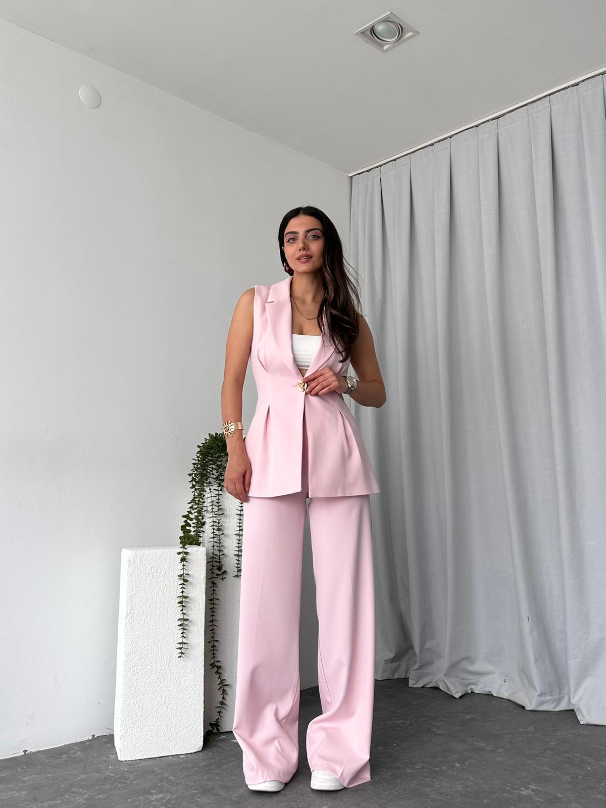 Kadın Gold Düğmeli Pembe Yelek-Pantolon Takım - Görsel 6