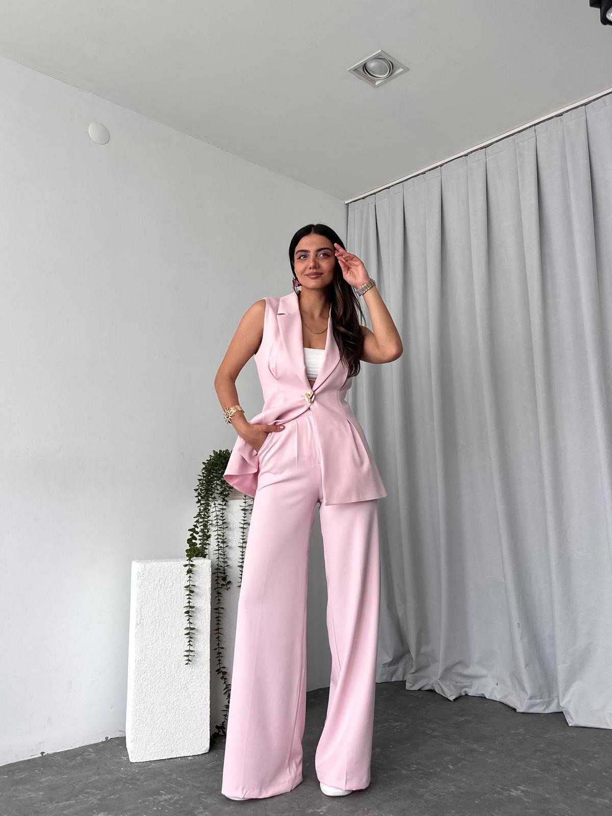 Kadın Gold Düğmeli Pembe Yelek-Pantolon Takım - Görsel 8