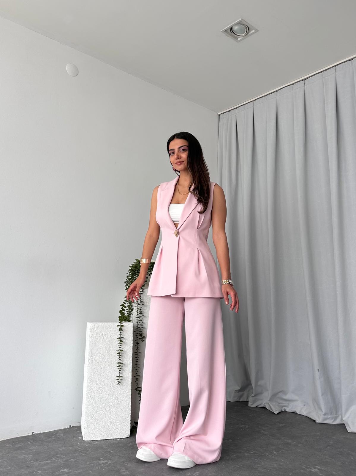 Kadın Gold Düğmeli Pembe Yelek-Pantolon Takım - Görsel 9