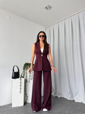 Kadın Gold Düğmeli Mürdüm Yelek-Pantolon Takım
