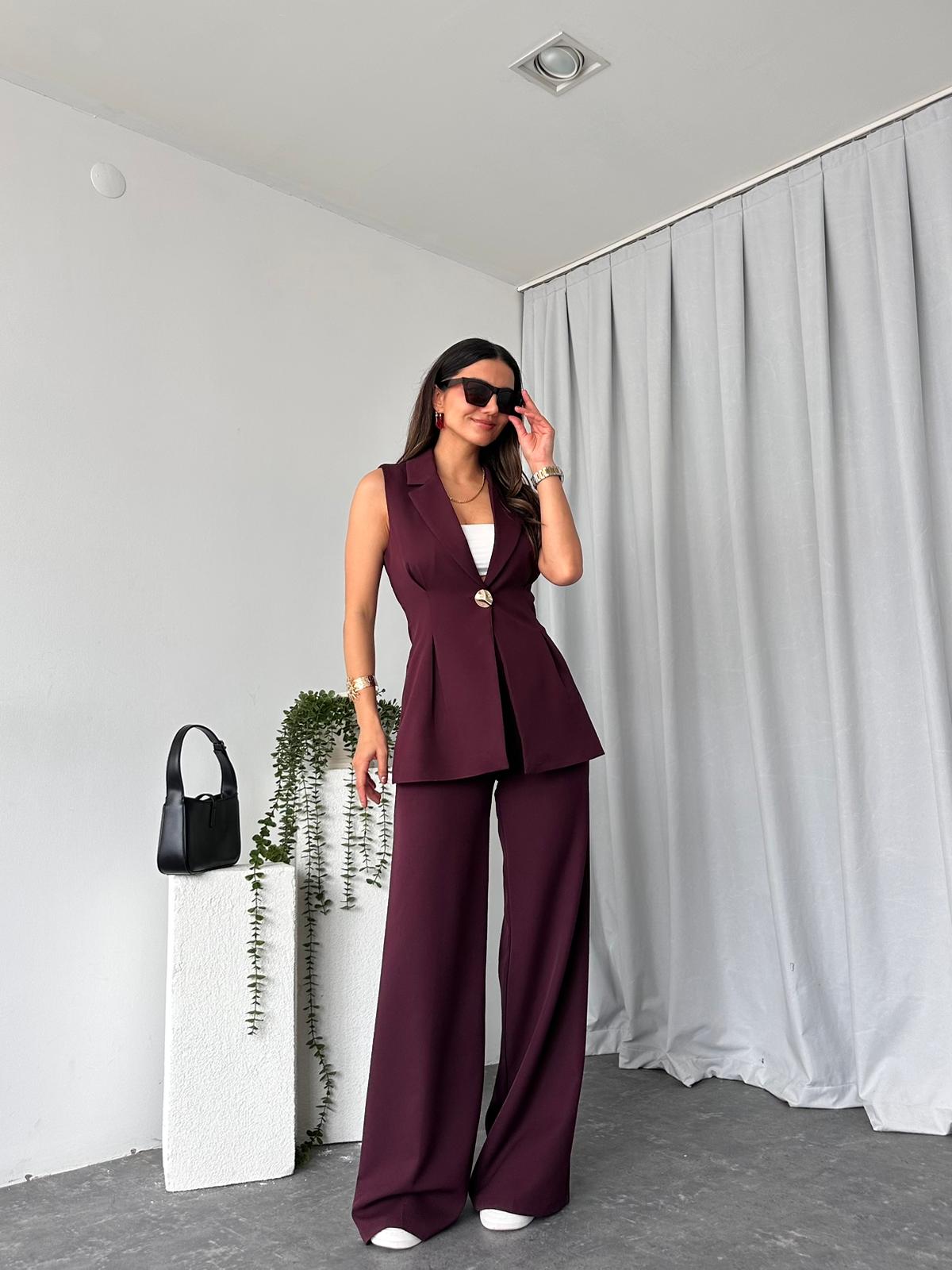 Kadın Gold Düğmeli Mürdüm Yelek-Pantolon Takım - Görsel 8