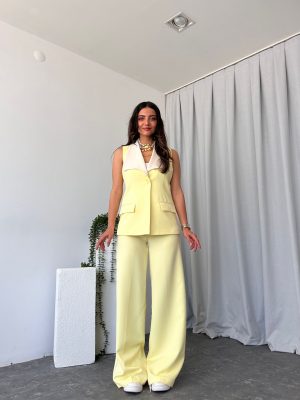 Kadın Seren Geniş Yaka Sarı Yelek-Pantolon Takım