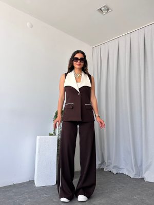 Kadın Seren Geniş Yaka Kahverengi Yelek-Pantolon Takım