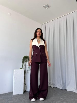 Kadın Seren Geniş Yaka Mürdüm Yelek-Pantolon Takım