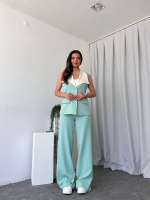 Kadın Seren Geniş Yaka Mint Yeşili Yelek-Pantolon Takım