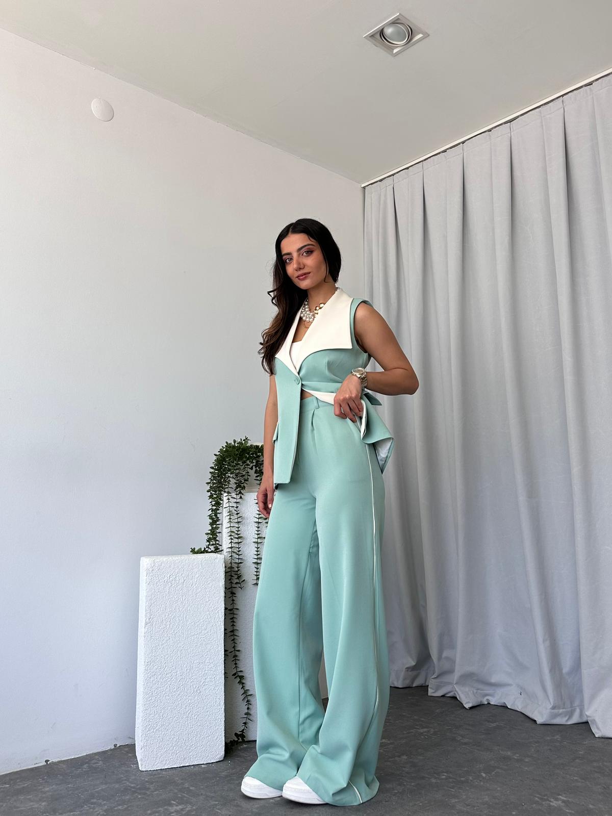 Kadın Seren Geniş Yaka Mint Yeşili Yelek-Pantolon Takım - Görsel 7