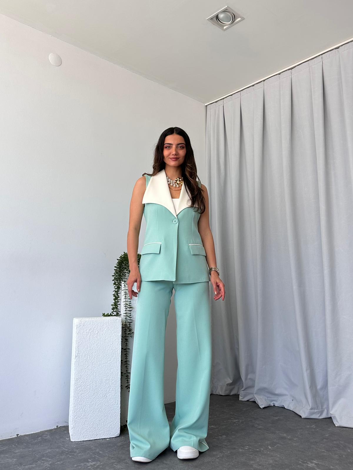 Kadın Seren Geniş Yaka Mint Yeşili Yelek-Pantolon Takım - Görsel 8