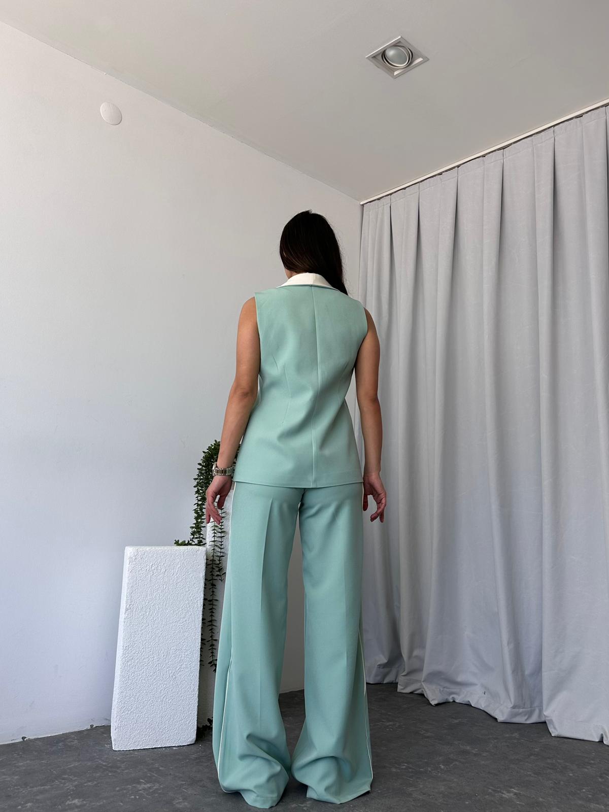Kadın Seren Geniş Yaka Mint Yeşili Yelek-Pantolon Takım - Görsel 10