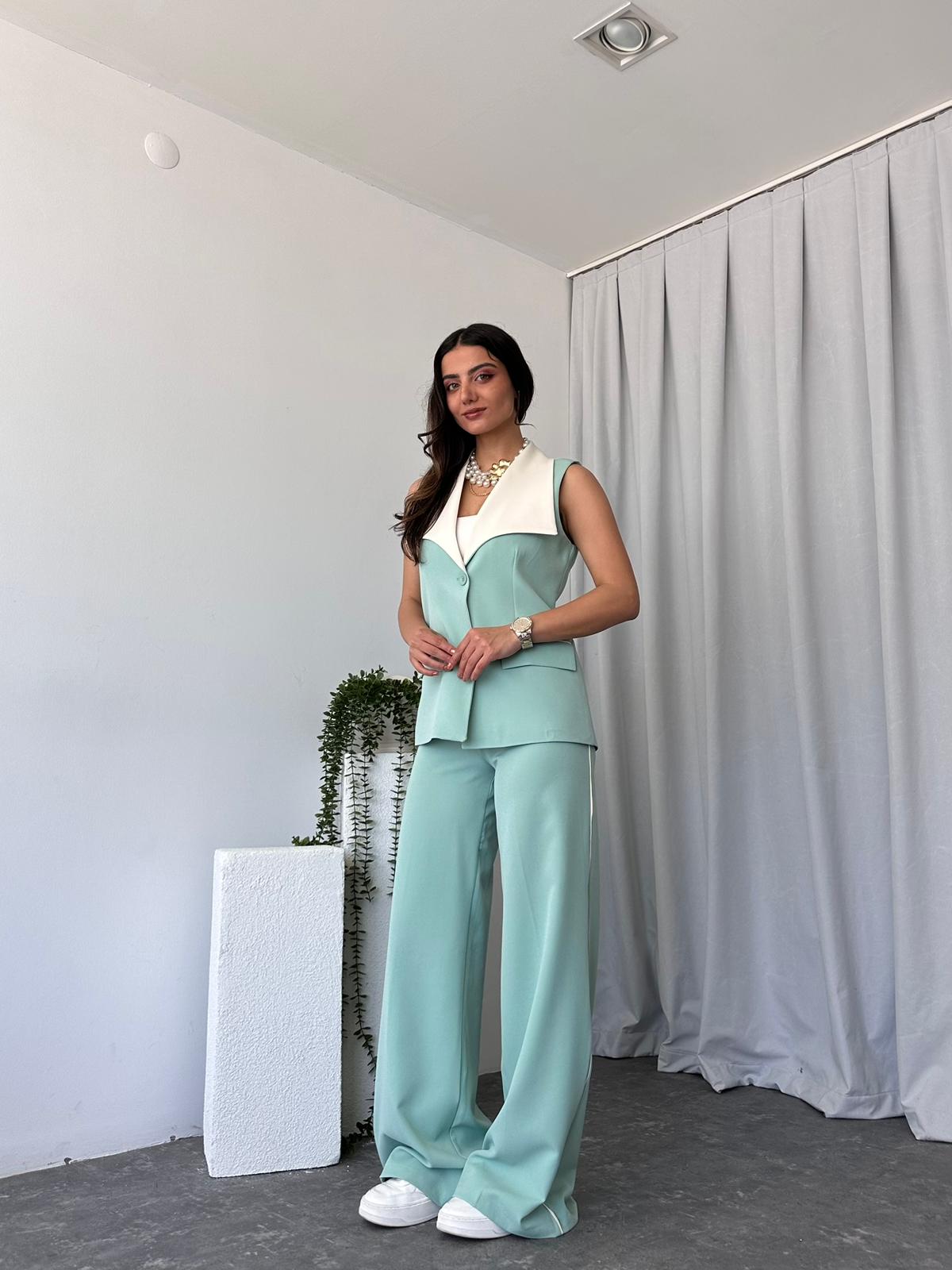 Kadın Seren Geniş Yaka Mint Yeşili Yelek-Pantolon Takım - Görsel 12