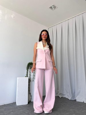 Kadın Seren Geniş Yaka Pembe  Yelek-Pantolon Takım