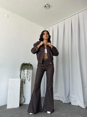 Kahverengi Denim Ceket Pantolon Takım