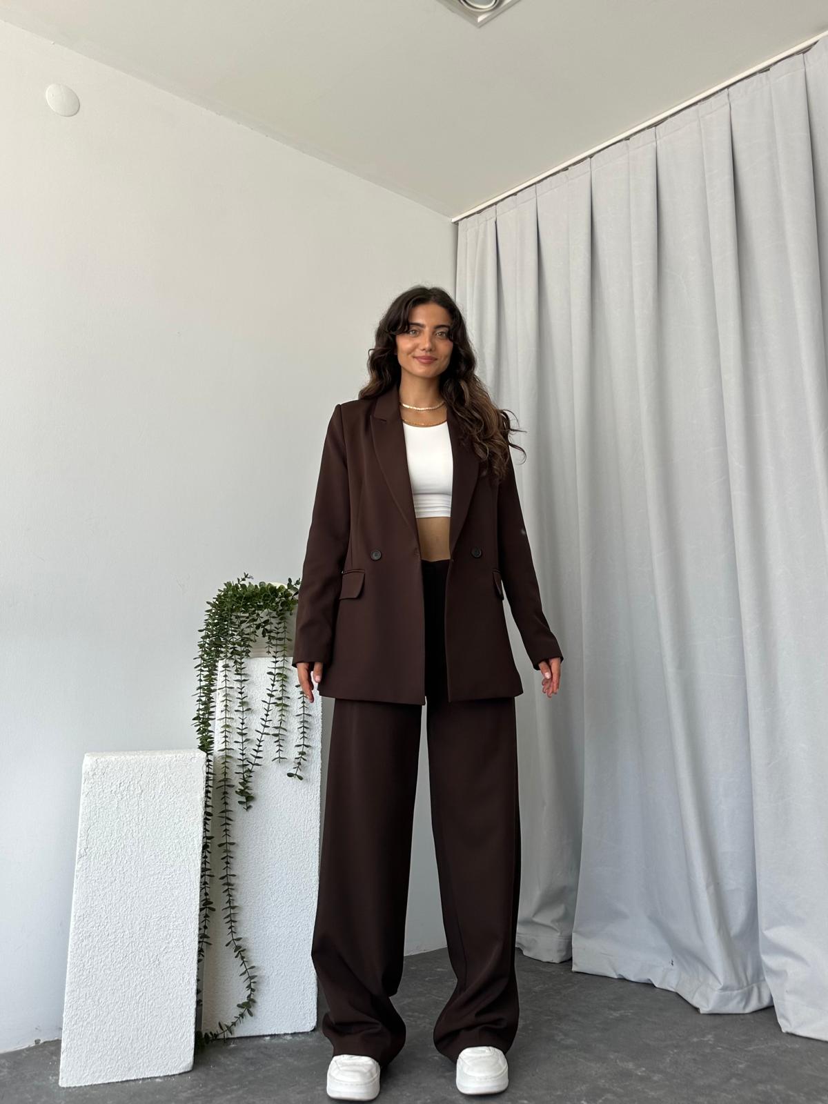 Kadın Kahverengi Oversize Ceket Pantolon Takım - Görsel 3