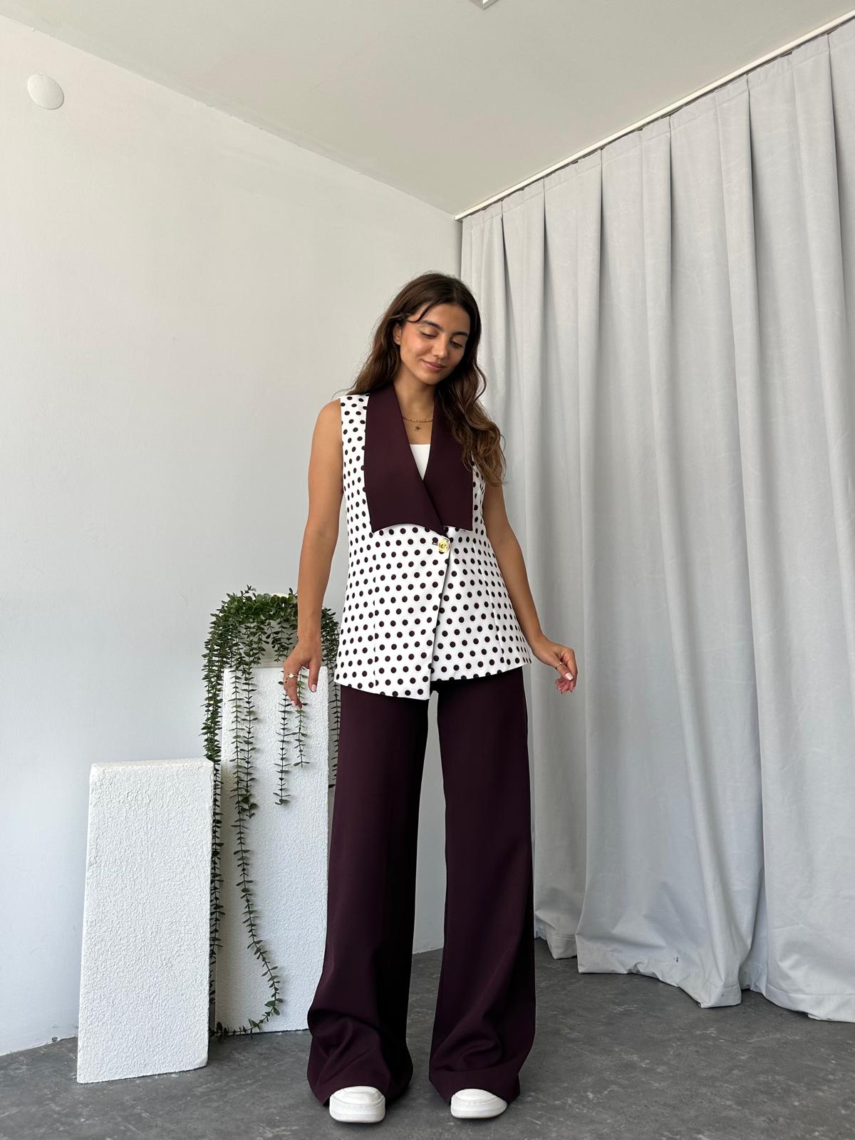 Puantiyeli Mürdüm Yelek-Pantolon Takım - Görsel 3