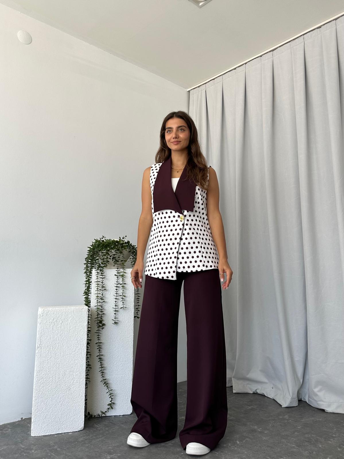 Puantiyeli Mürdüm Yelek-Pantolon Takım - Görsel 4