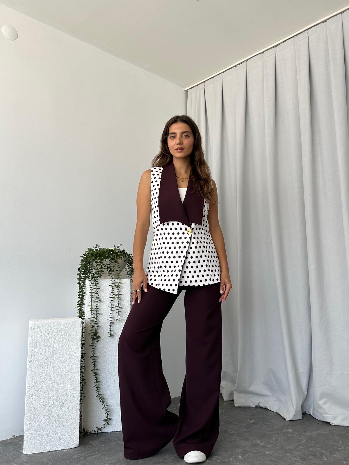 Puantiyeli Mürdüm Yelek-Pantolon Takım - Görsel 5