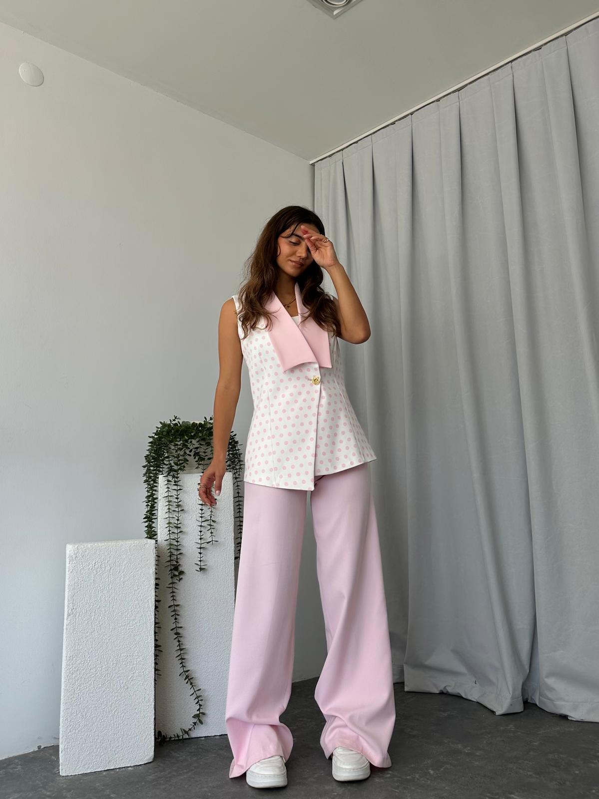 Puantiyeli Pembe Yelek-Pantolon Takım - Görsel 3