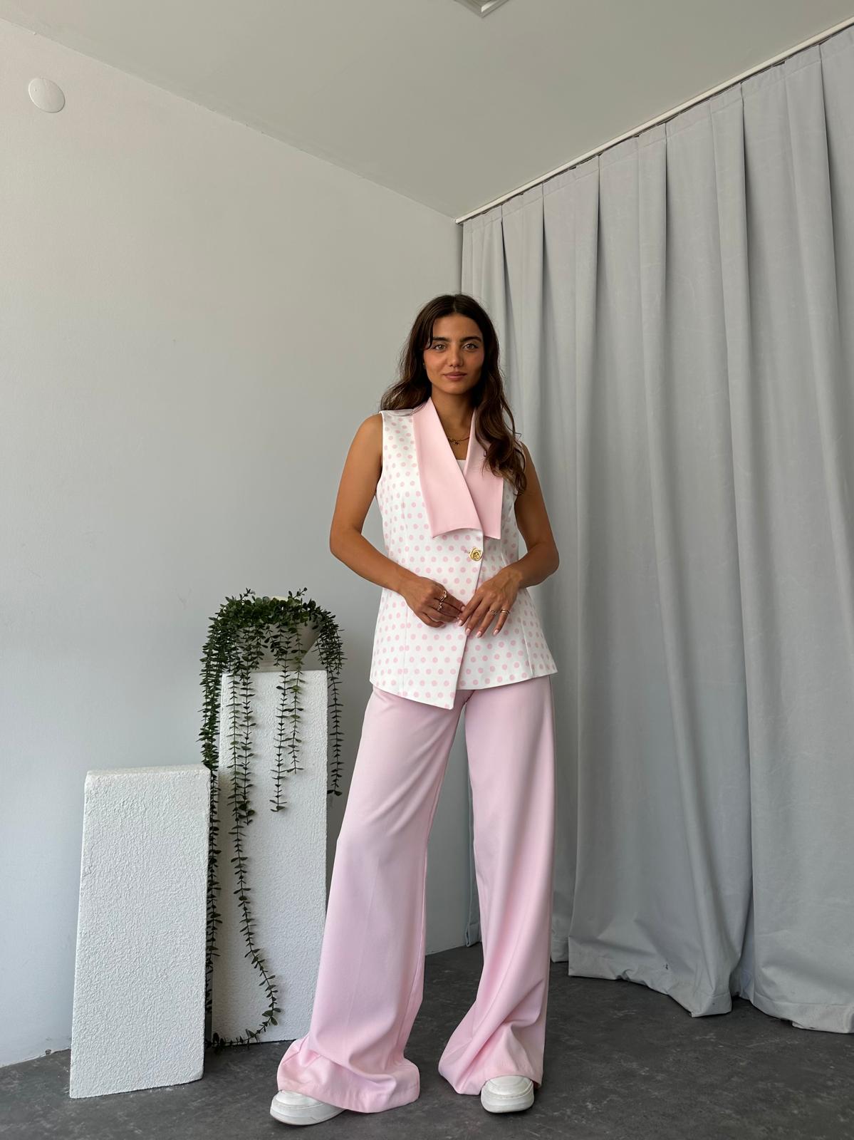 Puantiyeli Pembe Yelek-Pantolon Takım - Görsel 9