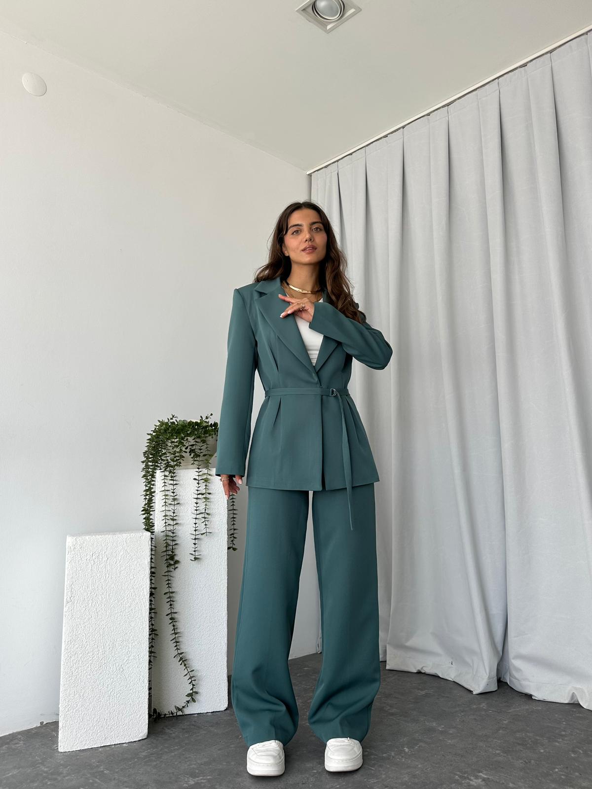 Kadın Yeşil Kemerli Ceket-Pantolon Takım - Görsel 8
