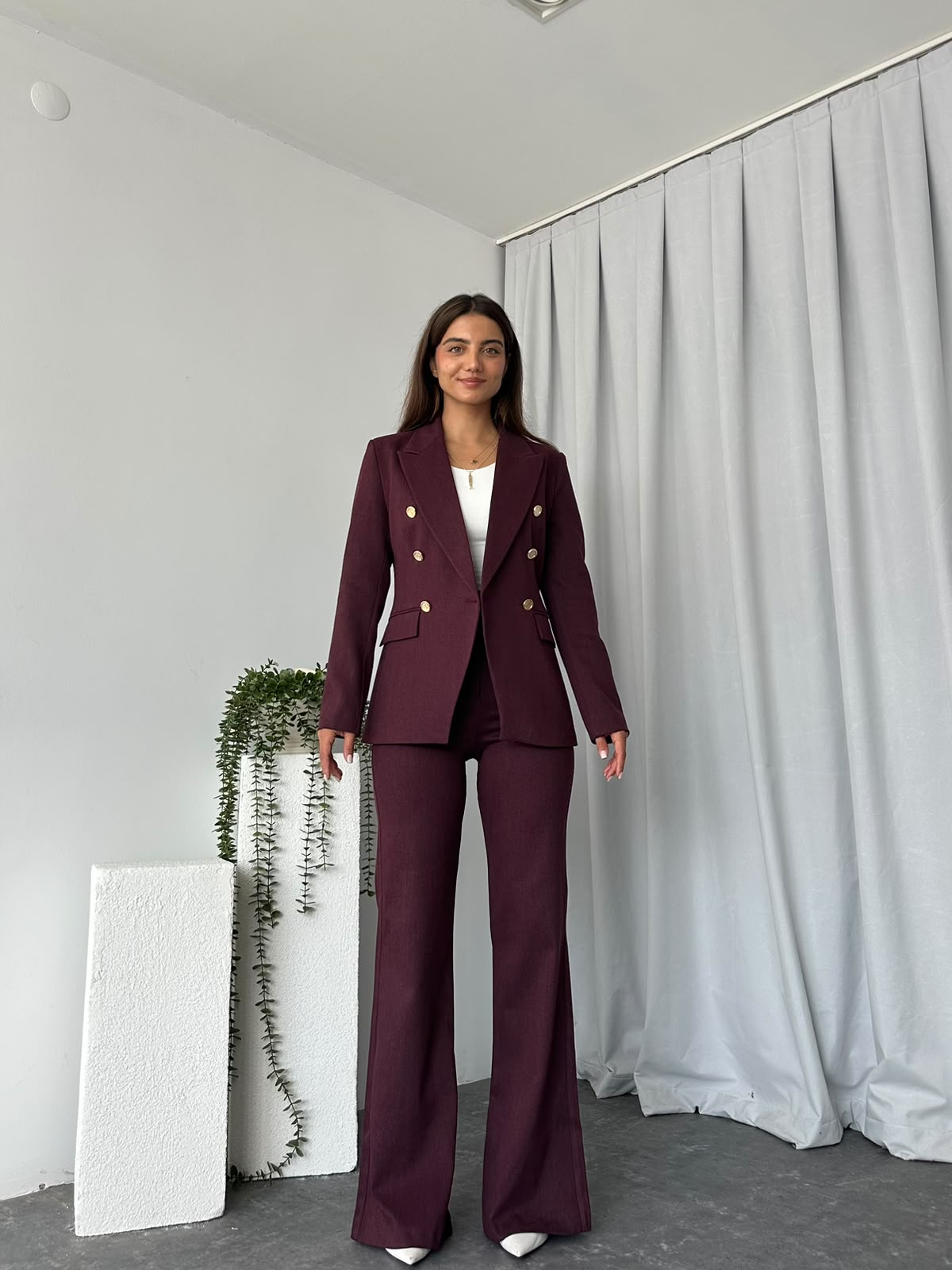 Kadın Bordo Aren Ceket-Pantolon Takım - Görsel 4