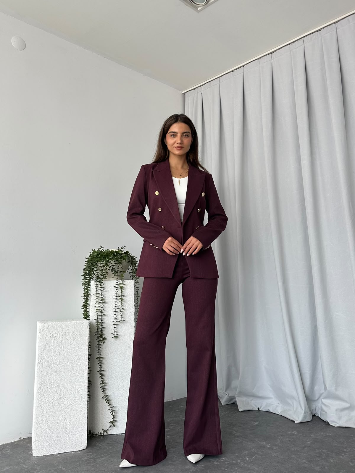 Kadın Bordo Aren Ceket-Pantolon Takım - Görsel 7