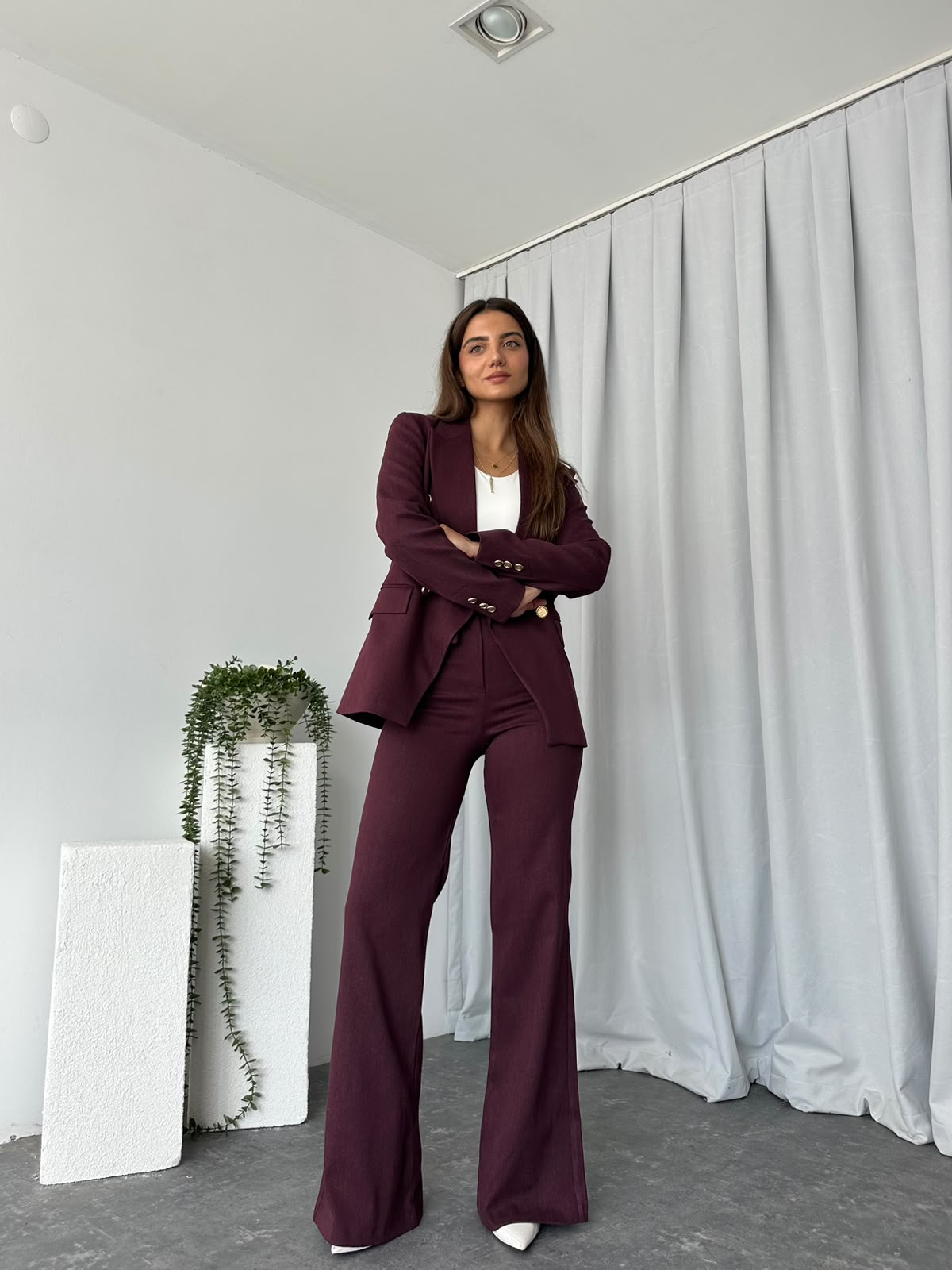 Kadın Bordo Aren Ceket-Pantolon Takım - Görsel 10