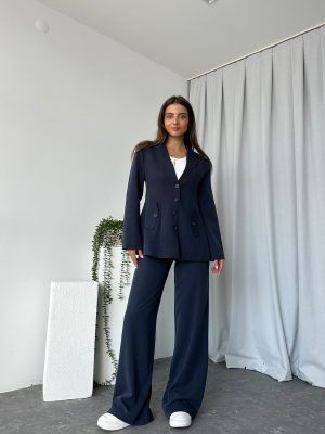 Kadın Lacivert Tensel Kumaş  Ceket-Pantolon Takım