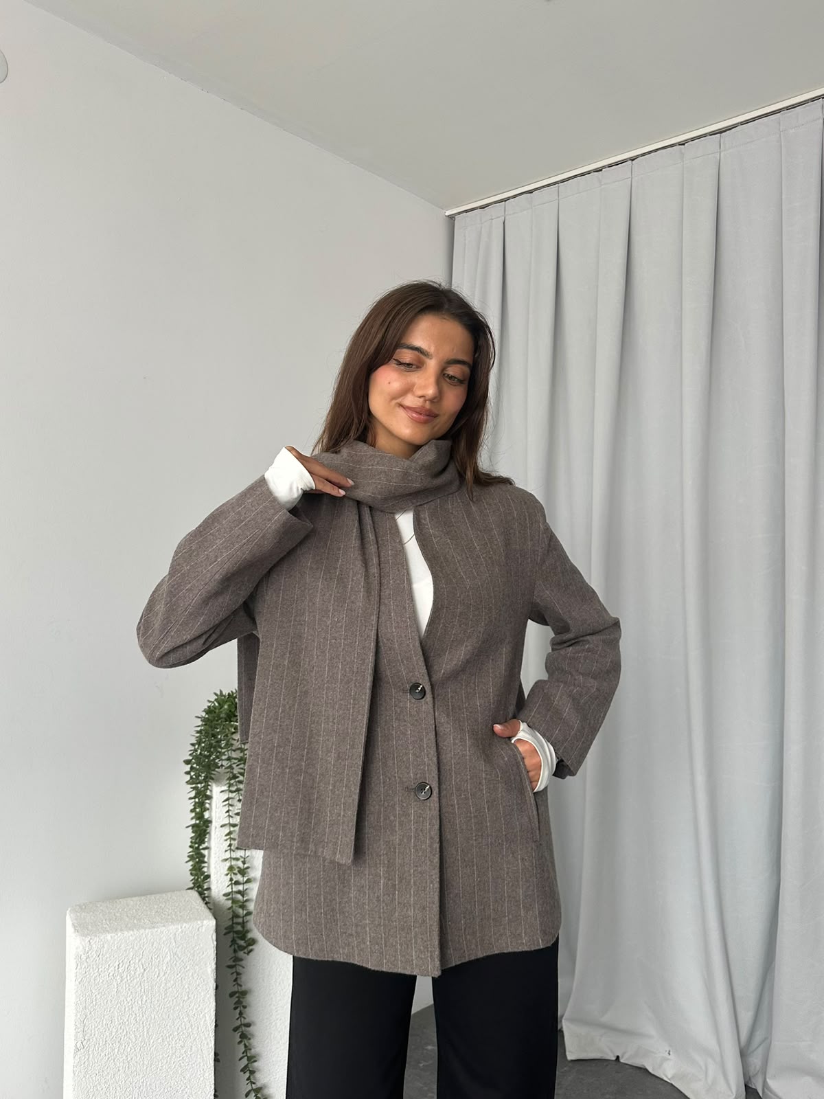 Kadın Kaşe Atkı Detaylı Ceket - Görsel 3