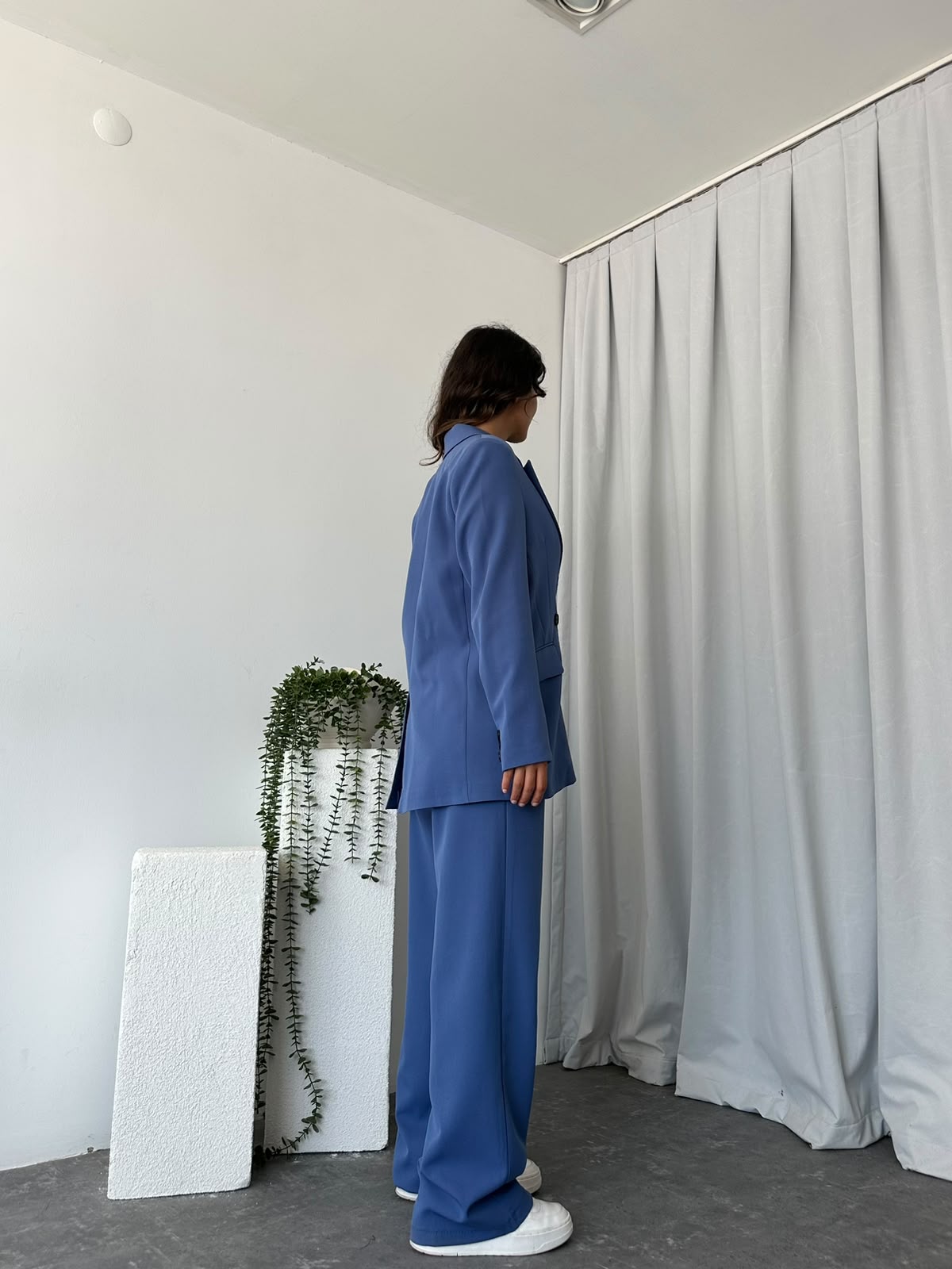 Kadın Mavi Oversize Ceket Pantolon Takım - Görsel 15
