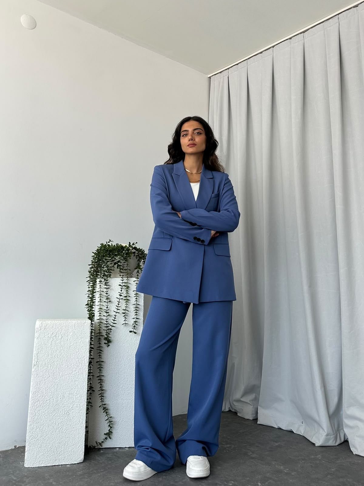Kadın Mavi Oversize Ceket Pantolon Takım - Görsel 3