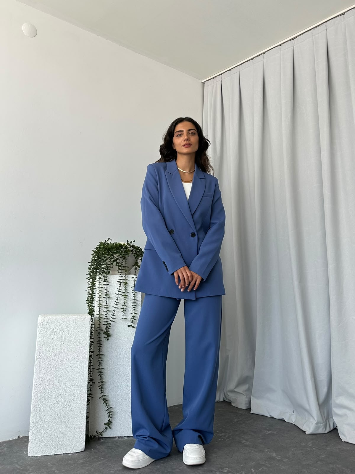 Kadın Mavi Oversize Ceket Pantolon Takım - Görsel 4