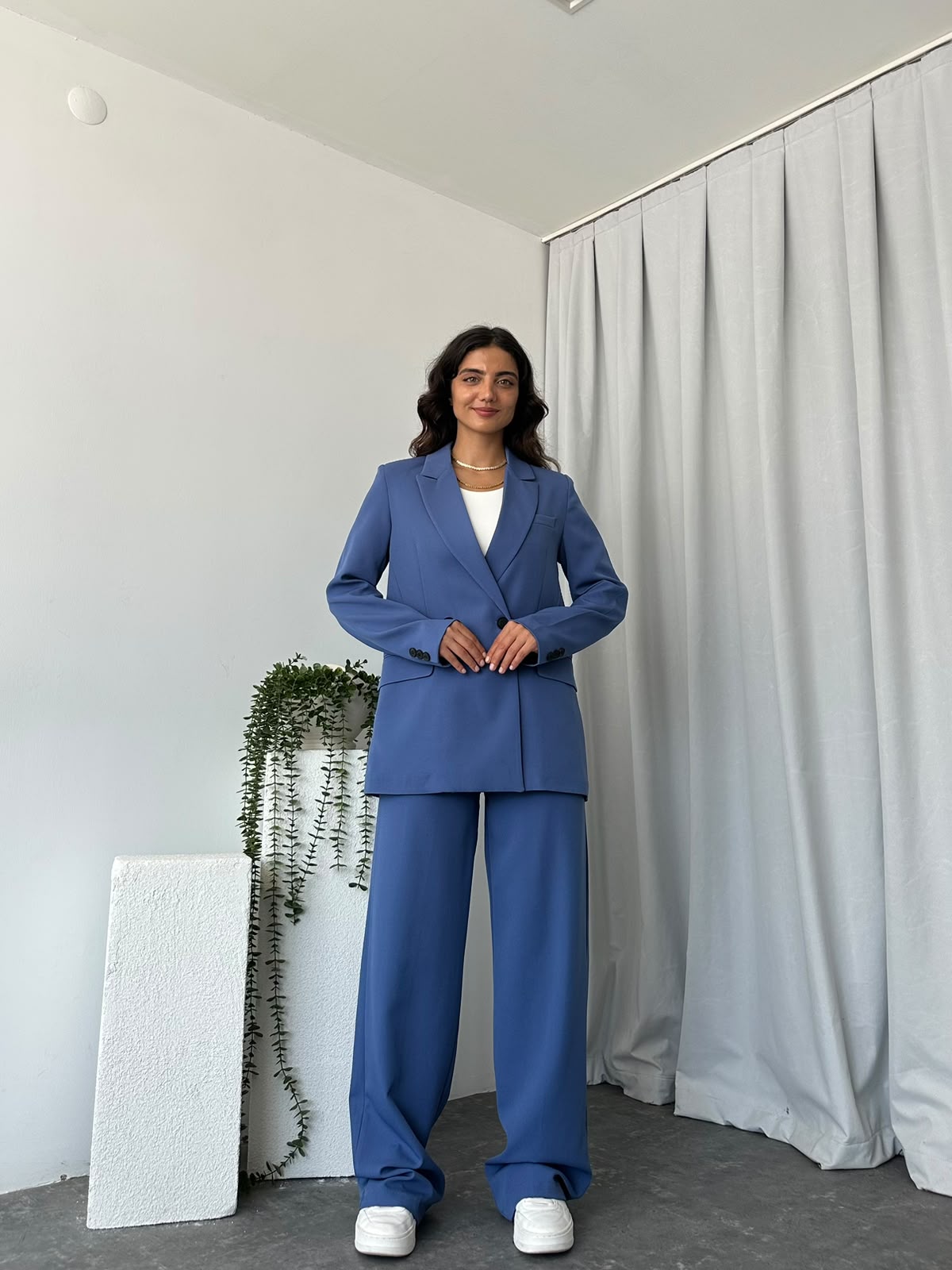 Kadın Mavi Oversize Ceket Pantolon Takım - Görsel 6