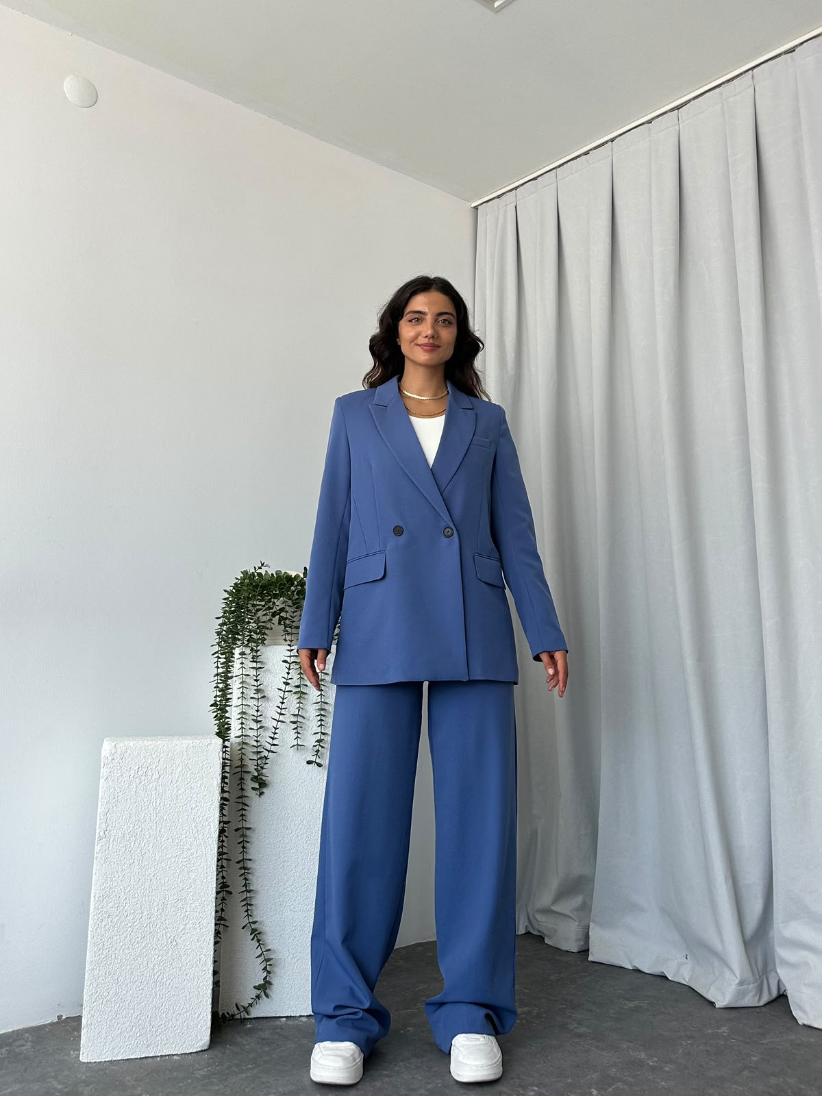 Kadın Mavi Oversize Ceket Pantolon Takım - Görsel 7