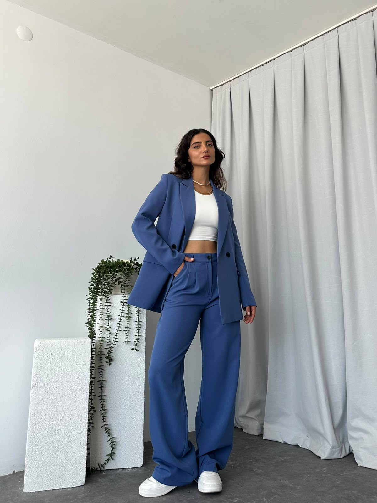 Kadın Mavi Oversize Ceket Pantolon Takım - Görsel 8