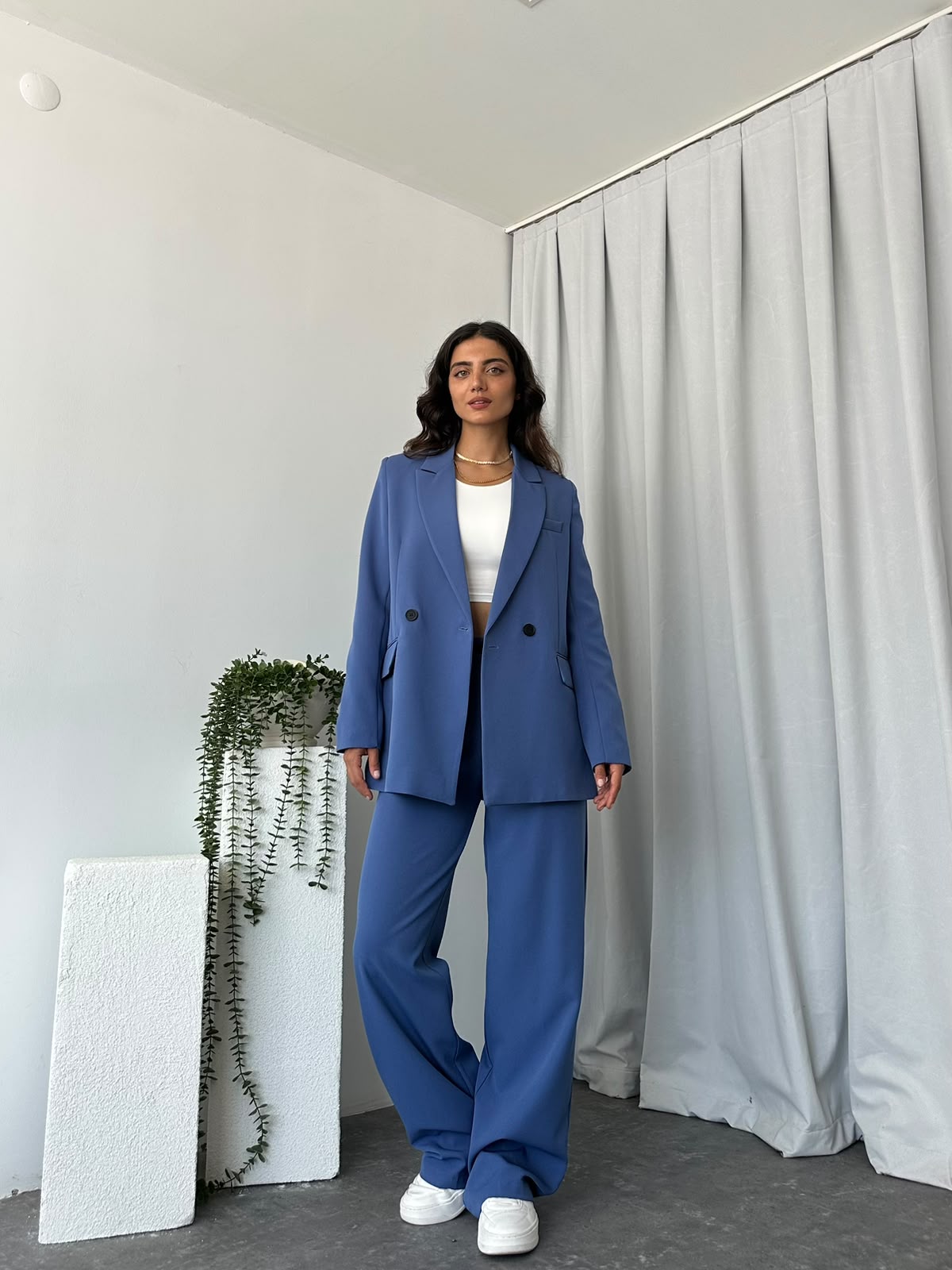 Kadın Mavi Oversize Ceket Pantolon Takım - Görsel 9