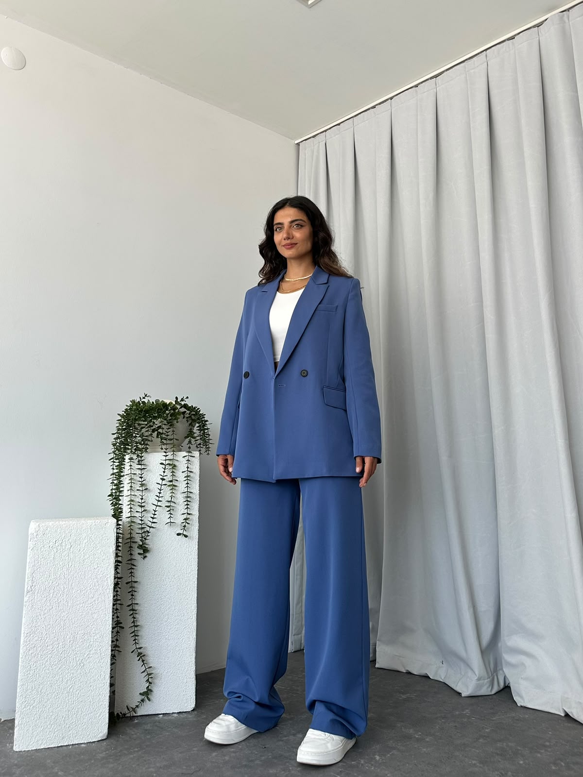 Kadın Mavi Oversize Ceket Pantolon Takım - Görsel 10