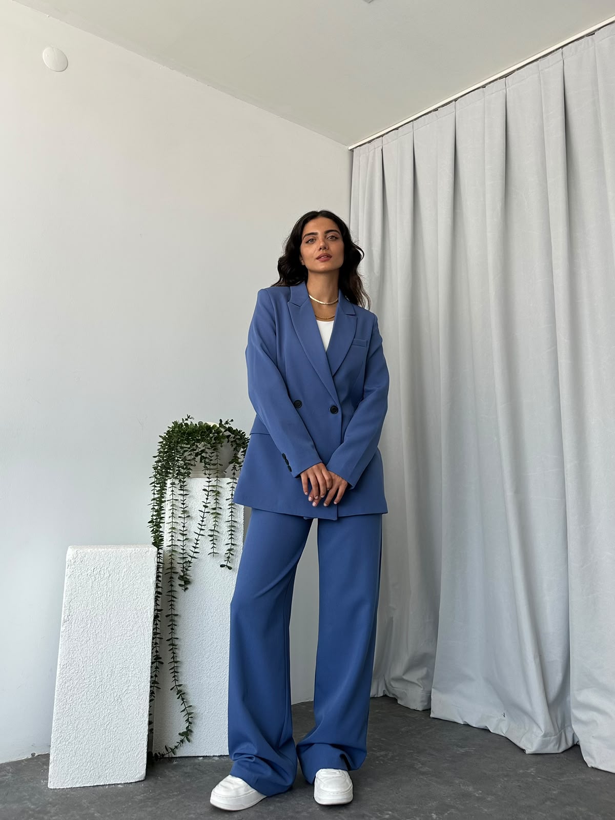 Kadın Mavi Oversize Ceket Pantolon Takım - Görsel 11