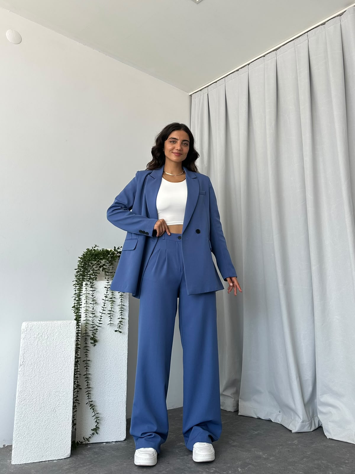 Kadın Mavi Oversize Ceket Pantolon Takım - Görsel 12