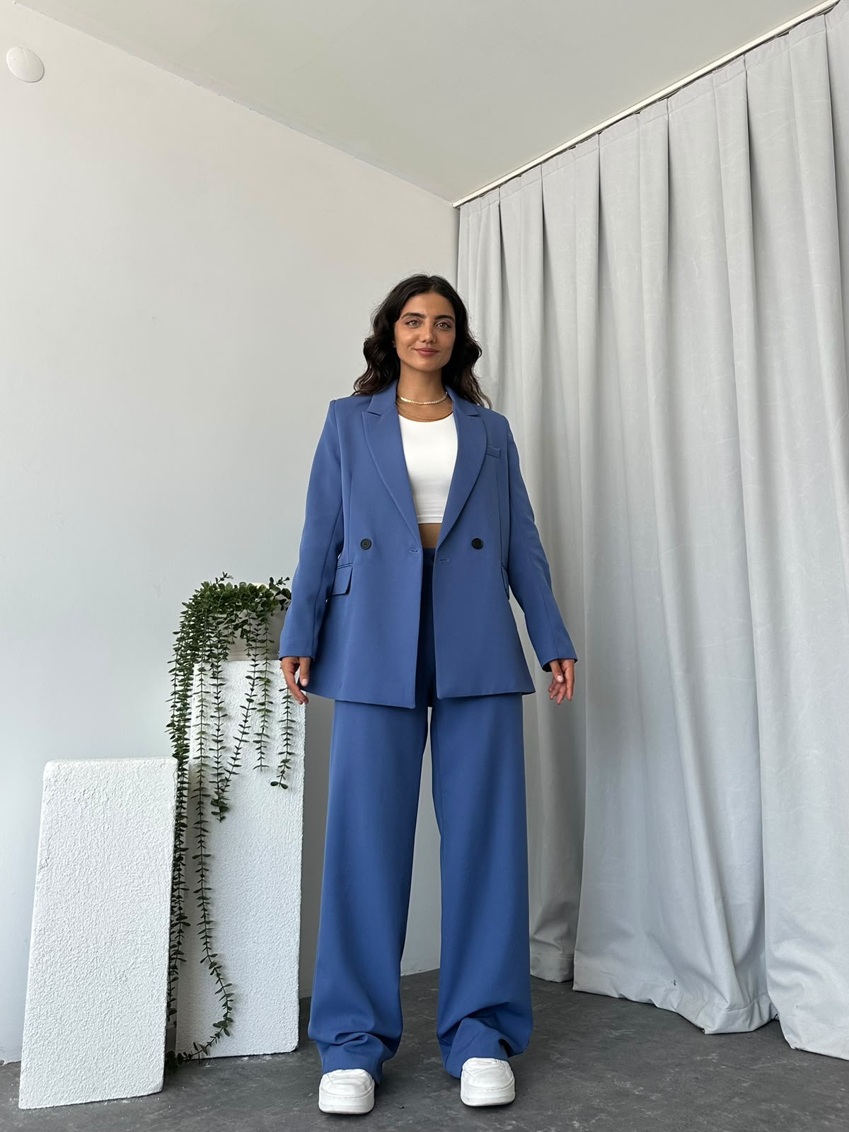 Kadın Mavi Oversize Ceket Pantolon Takım - Görsel 13