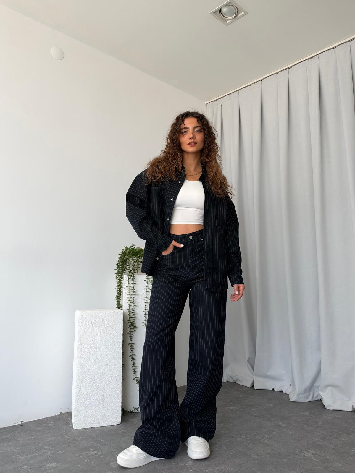 Kadın Orijinal Marka Çizgili Denim Takım