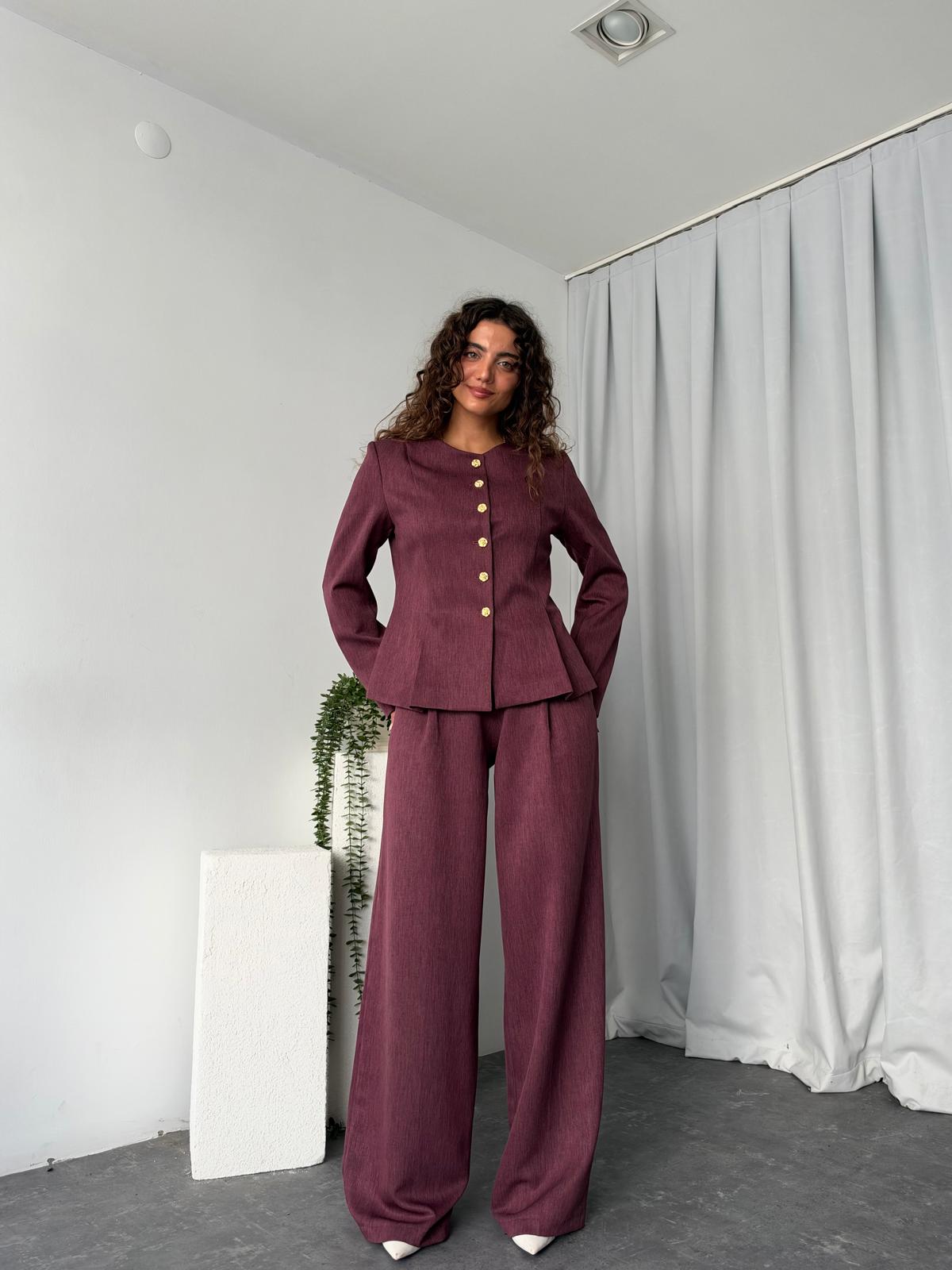 Bordo Yün Efekt Düğmeli Takım - Görsel 4